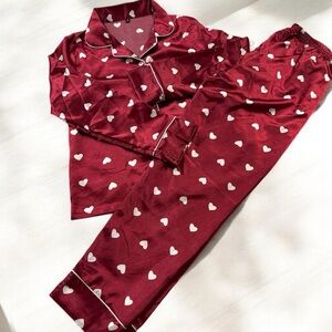 Women’s Satin Pajama Set - Burgundy Red with White Hearts, Size M